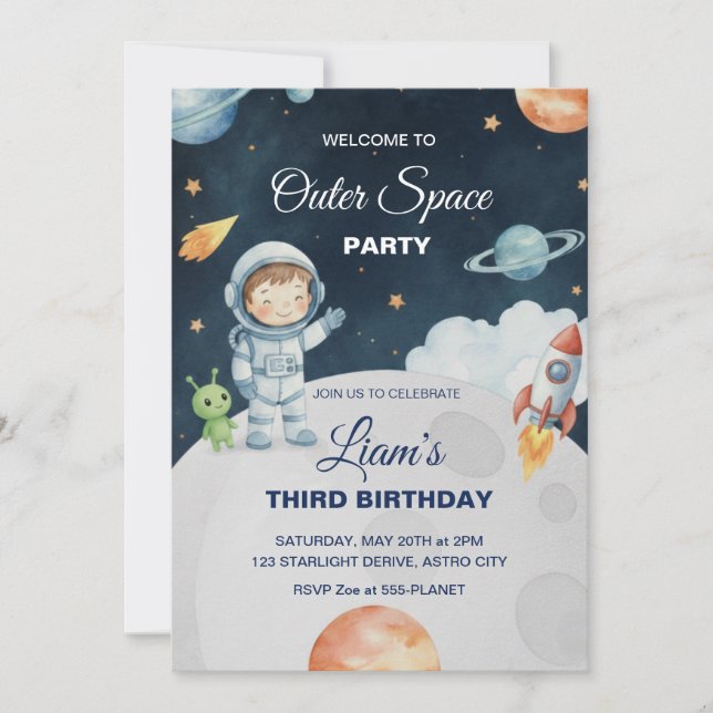 Space Adventure Astronaut Birthday Invitation Inbjudningar (Framsida)