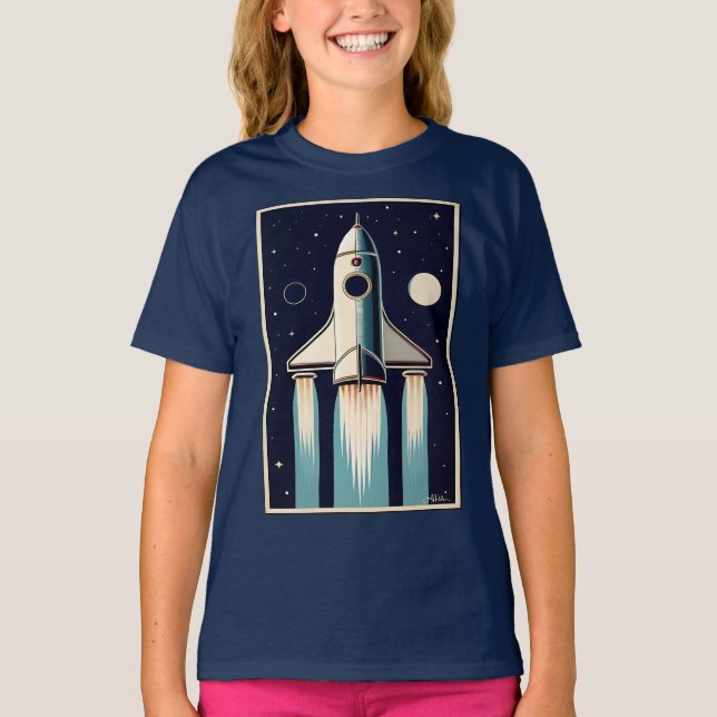 Space Age Retro 50s Rocket Ship T Shirt (Framsida)