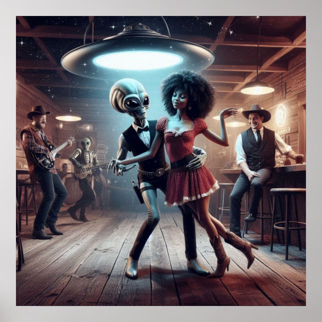 Space Alien Dancing, Cowgirl, Cowboys Watching ~ Poster (Framsidan)
