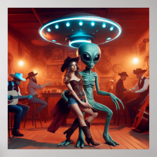 Space Alien Dancing med Cowgirl = Cowboys Watchin Poster