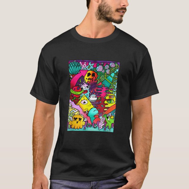 Space Alien Doodle Art Cute Tecknad Monster Illumi T Shirt (Framsida)