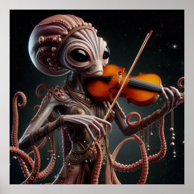 Space Alien Femail Octopus Spela upp fiolin Poster (Framsidan)