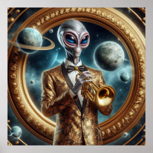 Space Alien Male Spela Trumpet Finare Jacka Poster