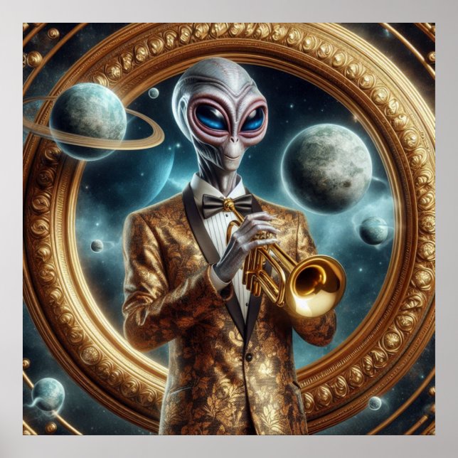 Space Alien Male Spela Trumpet Finare Jacka Poster (Framsidan)