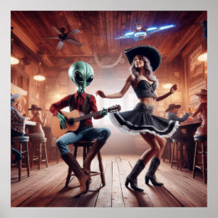 Space Alien Spela Guitar Cowgirl Dancing Poster