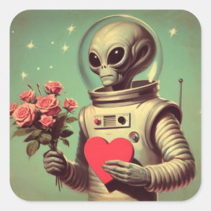 Space Alien Valentine Sci Fi Romantic Valentine's Fyrkantigt Klistermärke