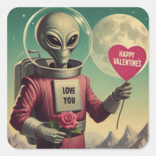 Space Alien Valentine Sci Fi Romantic Valentine's Fyrkantigt Klistermärke