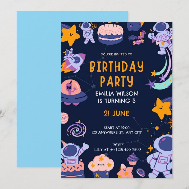 Space Astronaut Birthday Inbjudningar (Fram/baksida)