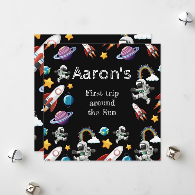 Space Astronaut Black First Födelsedagsfest Julkort (Fram/Back In Situ)