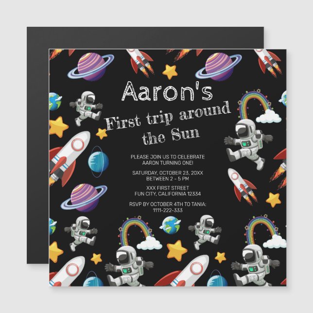 Space Astronaut Black First Födelsedagsfest Magnetisk Inbjudningskort (Fram/baksida)