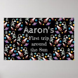 Space Astronaut Black First Födelsedagsfest Poster