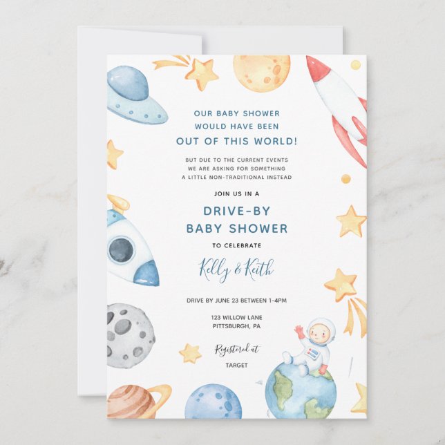 Space Astronaut Drive-by Baby Shower-inbjudan Inbjudningar (Framsida)