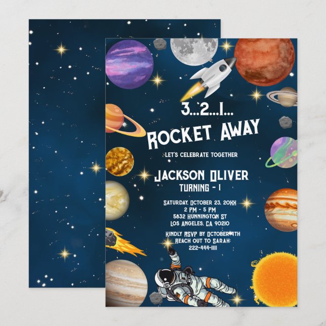 Space Astronaut Första Födelsedagsfesten Inbjudningar (Fram/baksida)