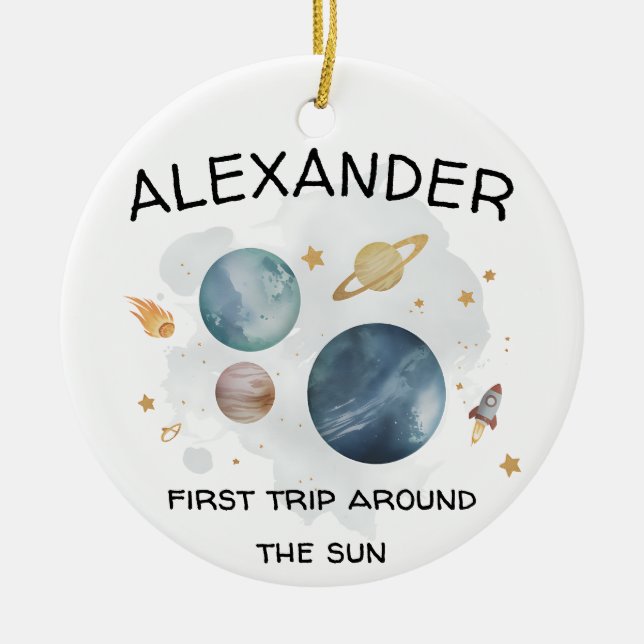 Space Astronaut Första Födelsedagsfesten Julgransprydnad Keramik (Framsidan)