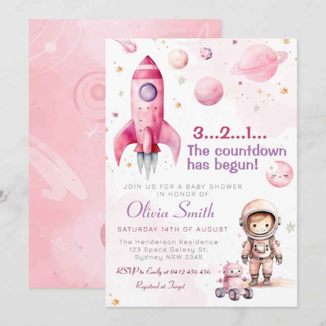 Space Astronaut Rocket Planets Girl Baby Shower Inbjudningar (Fram/baksida)
