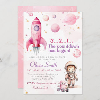 Space Astronaut Rocket Planets Girl Baby Shower Inbjudningar