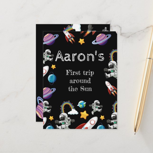 Space Astronaut Svart Första Födelsedagsfest  Vykort (Fram/Back In Situ)