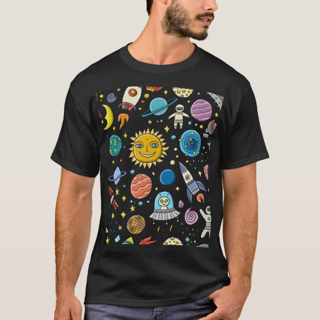 Space äventyr: planeter, raketer mönster. t shirt (Framsida)