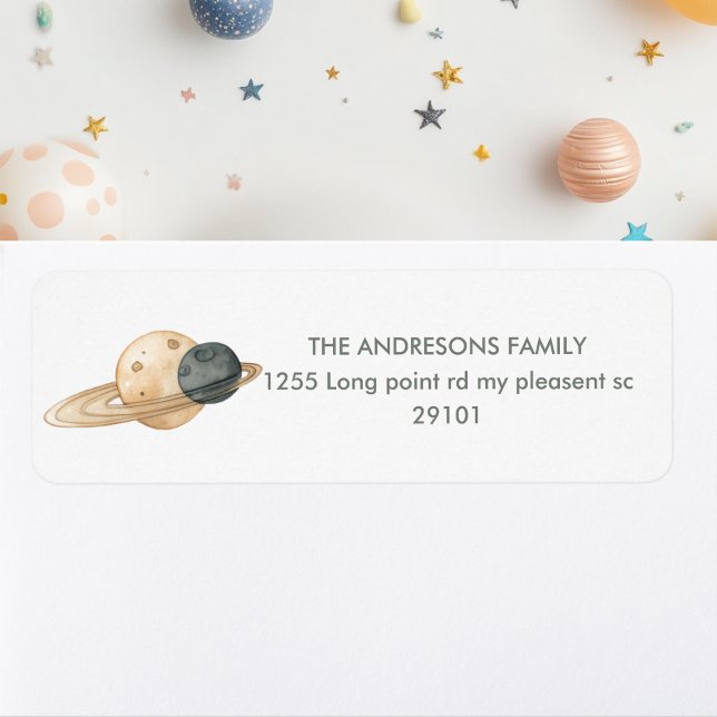 "Space Äventyr Watercolor First Birthday Returadress Etikett (Skapare uppladdad)