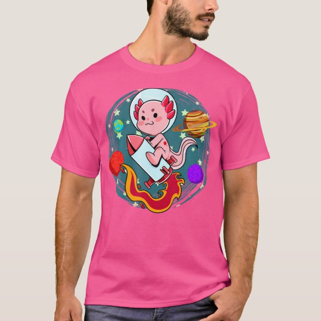 Space Axolotl Rocket Kawaii Astronaut Planet Fish T Shirt (Framsida)