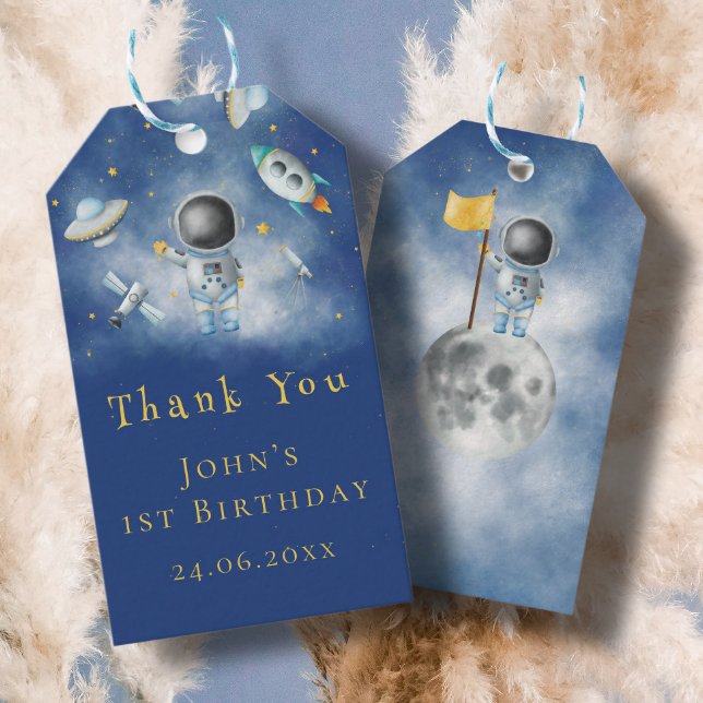 Space baby Astronaut Pojken raketar blå galaxstjär Presentetikett (Skapare uppladdad)