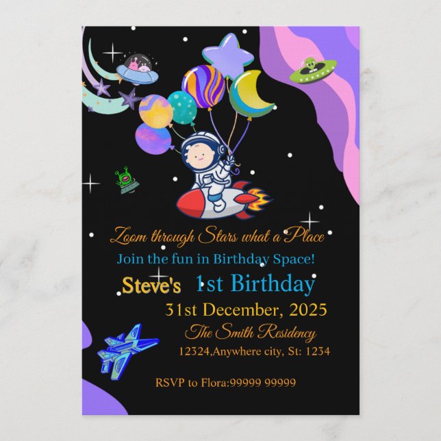 Space Birthday Invitation Card | Any Kid's Age Inbjudningar (Framsida)