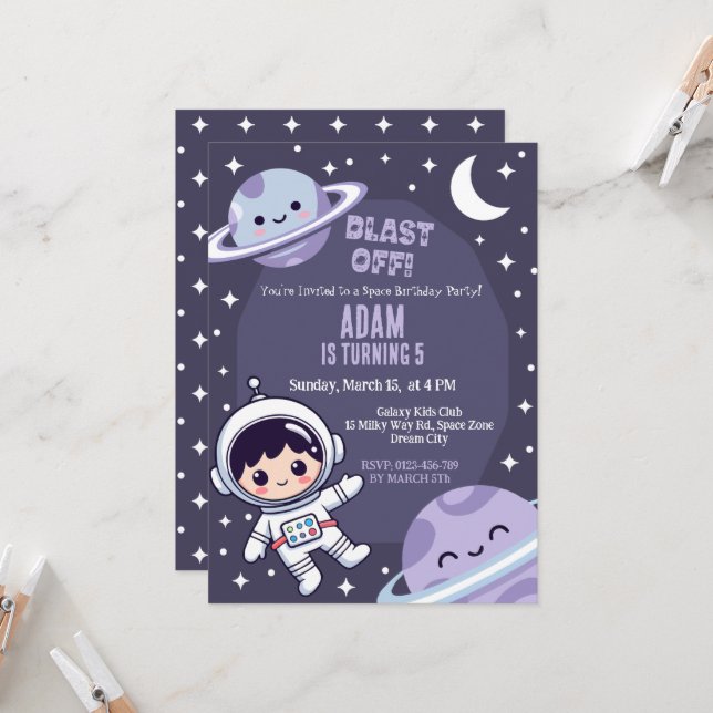 Space Birthday Party Invitation | Galaxy Astronaut Inbjudningar (Fram/Back In Situ)