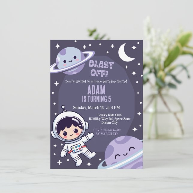Space Birthday Party Invitation | Galaxy Astronaut Inbjudningar (Stående Fram)