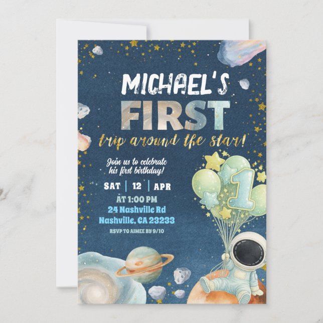 Space Boy 1ST Trip around the sun Birthday Invitat Inbjudningar (Framsida)
