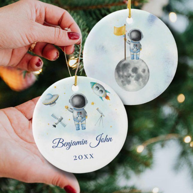 Space Boy Guld Galaxy Måne Stars raket UFO Throw Julgransprydnad Keramik (Skapare uppladdad)