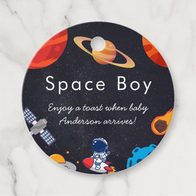 Space Boy Planets Cute Astronaut Baby Shower Gåvor Etiketter (Framsida)