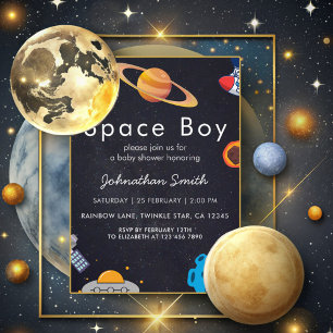 Space Boy Planets Cute Astronaut Baby Shower Inbjudningar