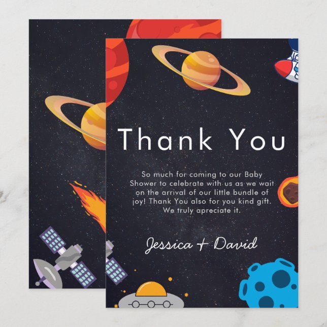 Space Boy Planets Cute Astronaut Baby Shower Tack Kort (Fram/baksida)