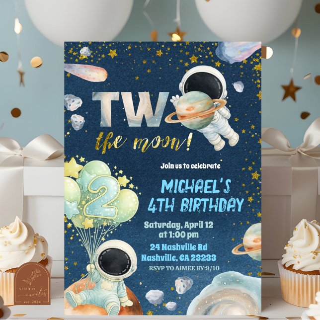 Space Boy TWO the moon Birthday Invitation Inbjudningar (Skapare uppladdad)