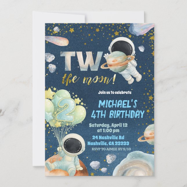 Space Boy TWO the moon Birthday Invitation Inbjudningar (Framsida)