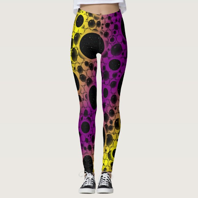Space Bubble Spots - Lila/Gul Leggings (Framsida)