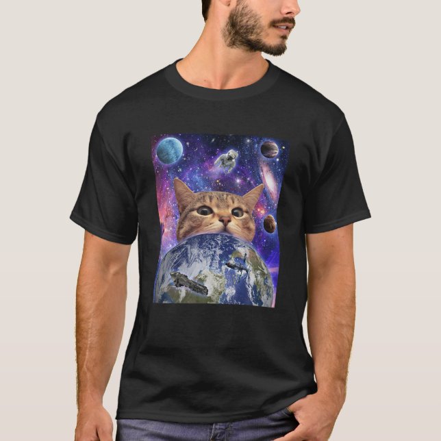 Space Cat Ansikte i Galaxy Funny Cute Kitten Älska T Shirt (Framsida)