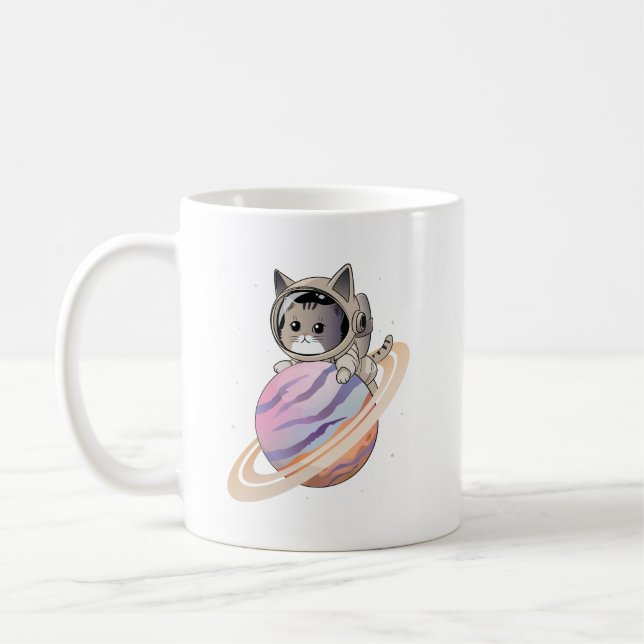 Space Cat Astronaut med Planet Saturn Kaffemugg (Vänster)