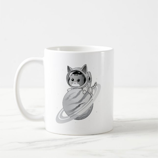 Space Cat Astronaut med Planet Saturn Kaffemugg (Vänster)