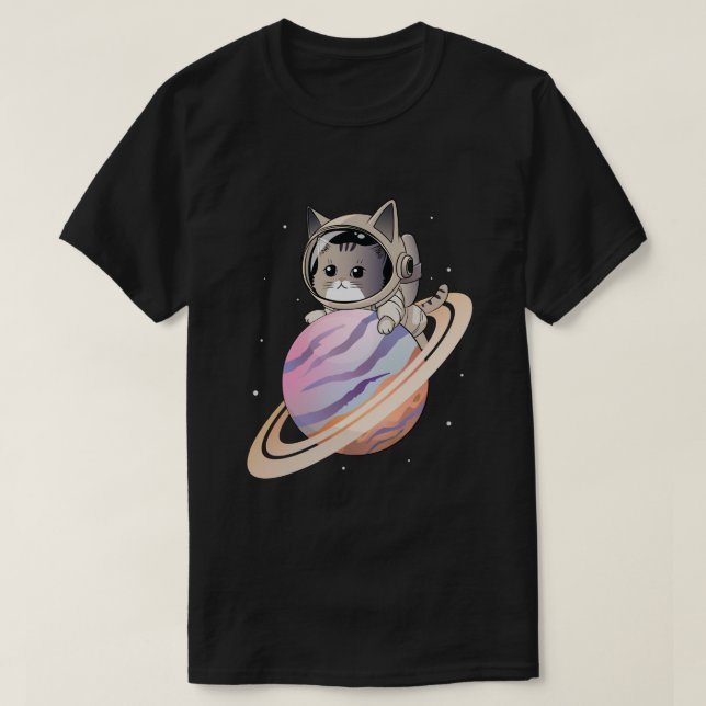 Space Cat Astronaut med Planet Saturn T Shirt (Design framsida)