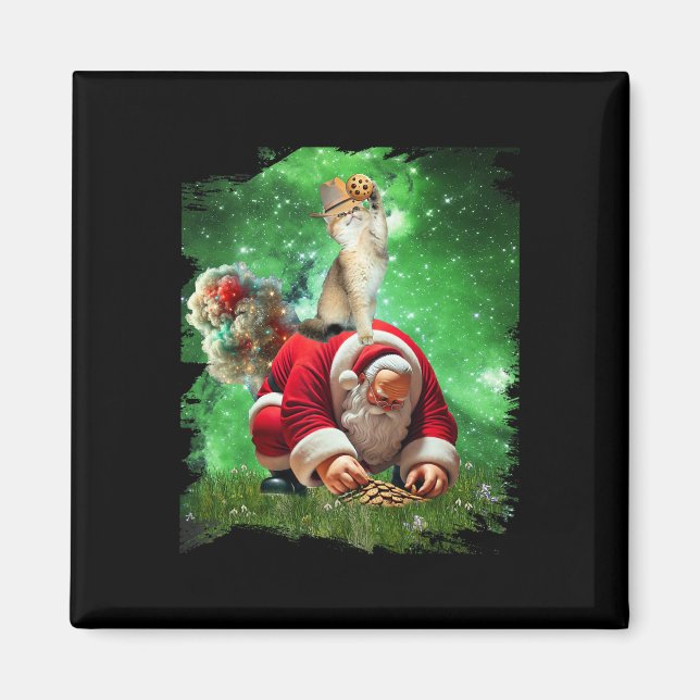 Space Cat Cowboy Riding Santa Eating Cookies Magnet (Framsidan)