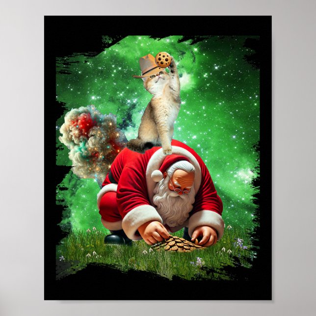 Space Cat Cowboy Riding Santa Eating Cookies Poster (Framsidan)
