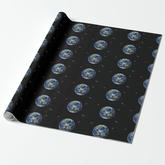 Space Cat Earth Presentpapper (Utrullad)