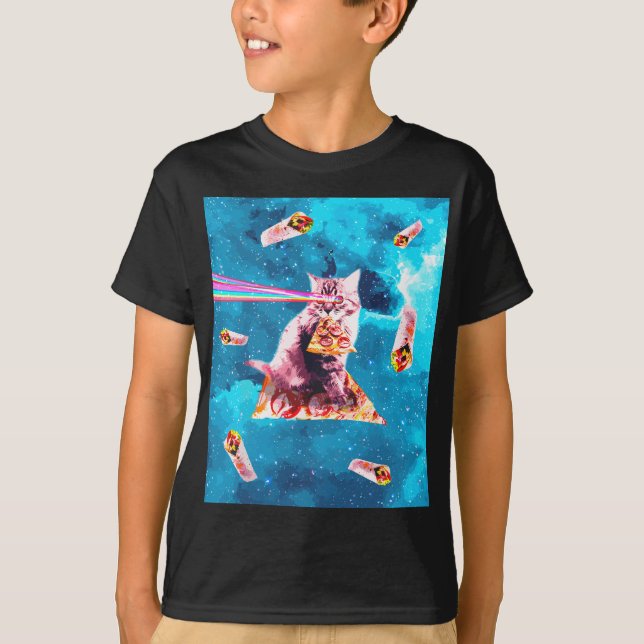 Space Cat Eating Pizza - Rainbow Laser Ögon, Burri T Shirt (Framsida)