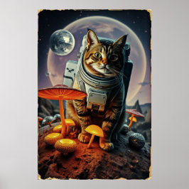 Space Cat Funk på ett Moonlit Mushroom Resa Poster