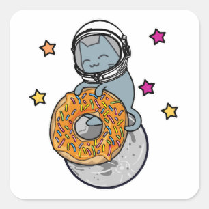 Space Cat Holding Donut Cute Tecknad Stil Graphic Fyrkantigt Klistermärke