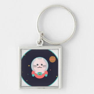 Space Cat Keychain Fyrkantig Silverfärgad Nyckelring