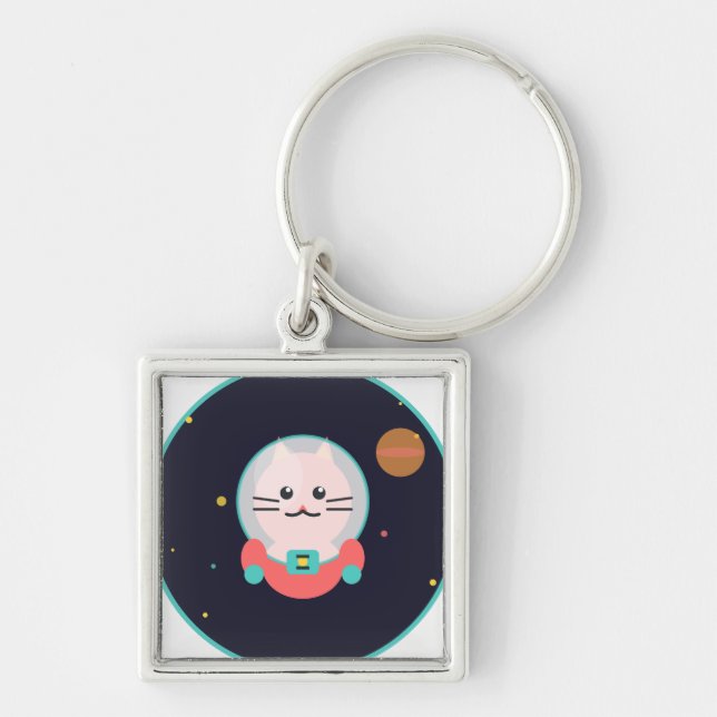 Space Cat Keychain Fyrkantig Silverfärgad Nyckelring (Framsidan)