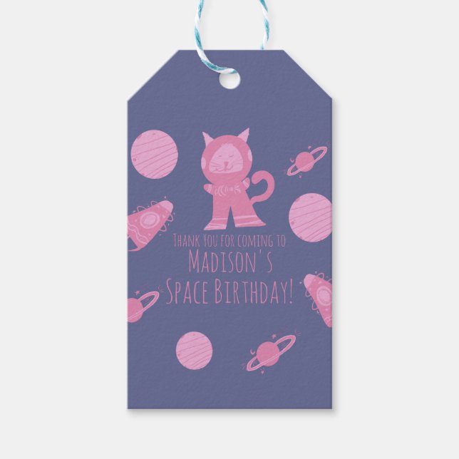 Space Cat Pink Galaxy Födelsedag    Presentetikett (Framsidan)