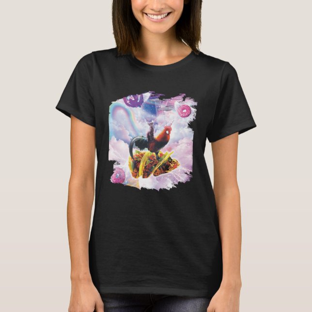 Space Cat Riding Chicken Unicorn Taco & Donut T Shirt (Framsida)